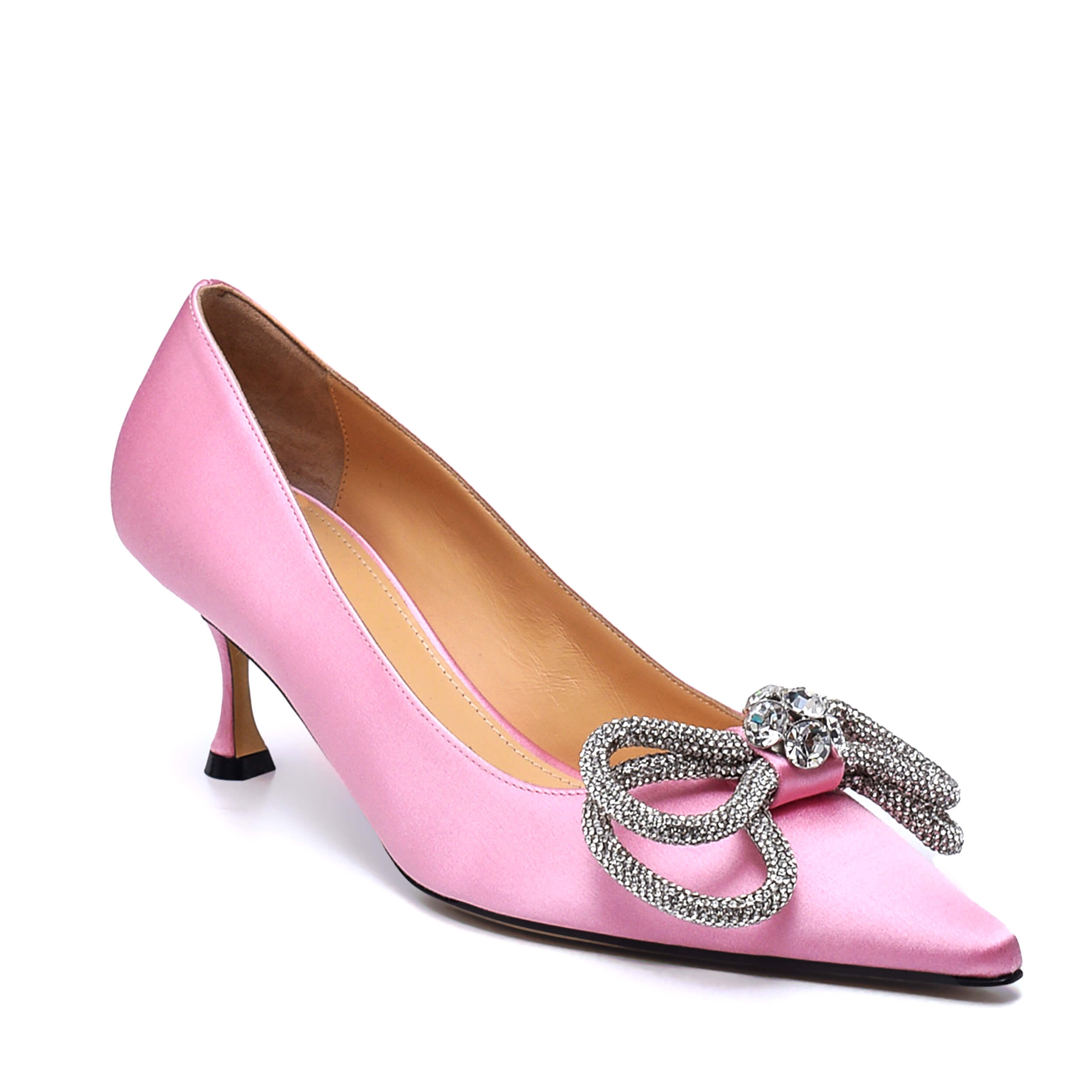 Mach&Mach - Pink Double Bow Crystal Embellished Silk Satin Point Toe Pumps / 38